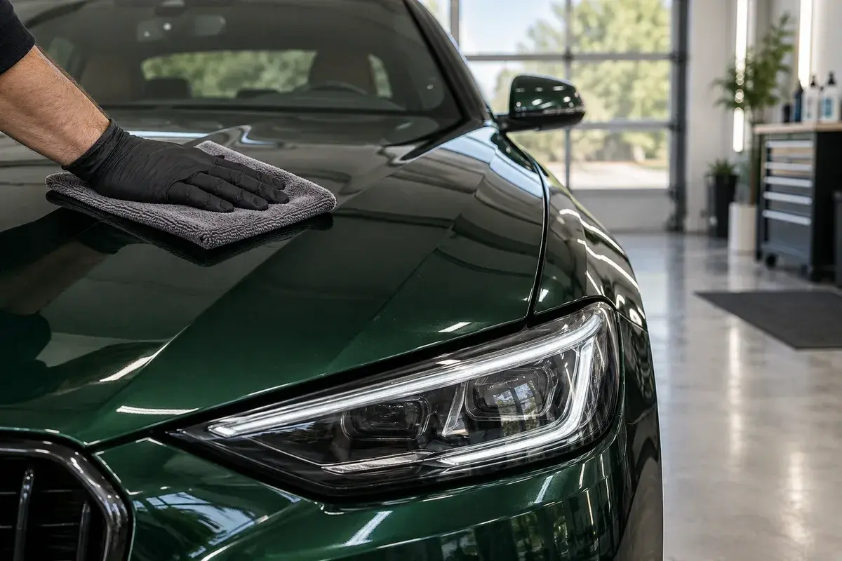 A gloved detailer carefully finishing a deep green car